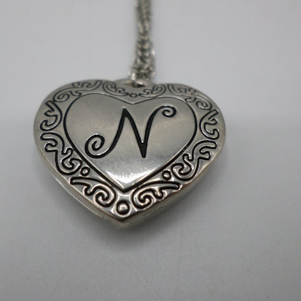 Locket Heart Shaped Silver Tone Letter N 16 inch chain
